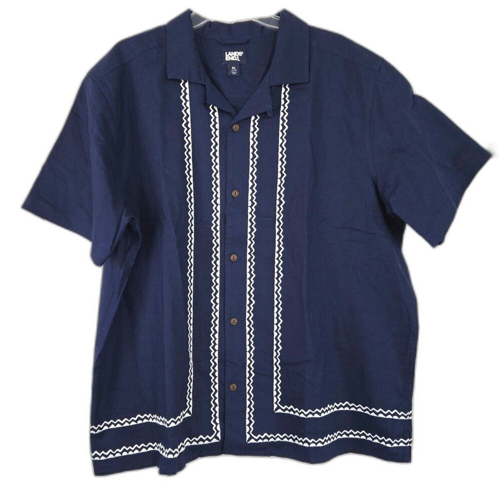 LAND'S END Men's Short Sleeve Linen Hawaiian Camp Collar Shirt XL NWOT